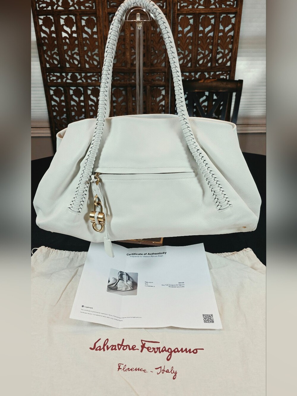 Salvatore Ferragamo White Leather Tote Bag. Comes with COA